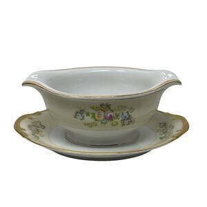 Vintage Floral Design Gravy Boat with Gold Trim and Attached Saucer Japan